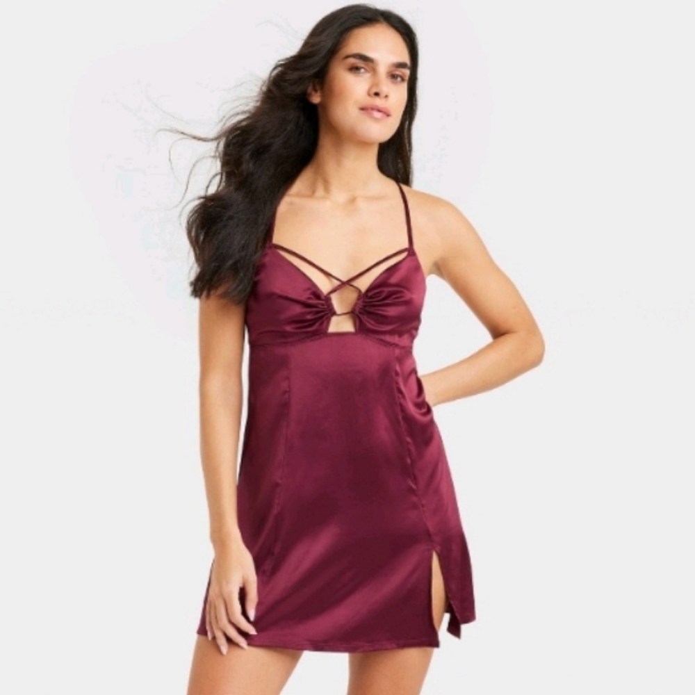 Auden Womens L Red Satin Chemise Lingerie NEW